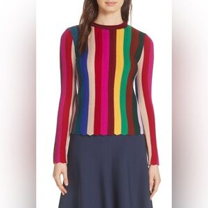 Milly Chevron Vertical Stripe Wool Blend Scallop Hem Sweater